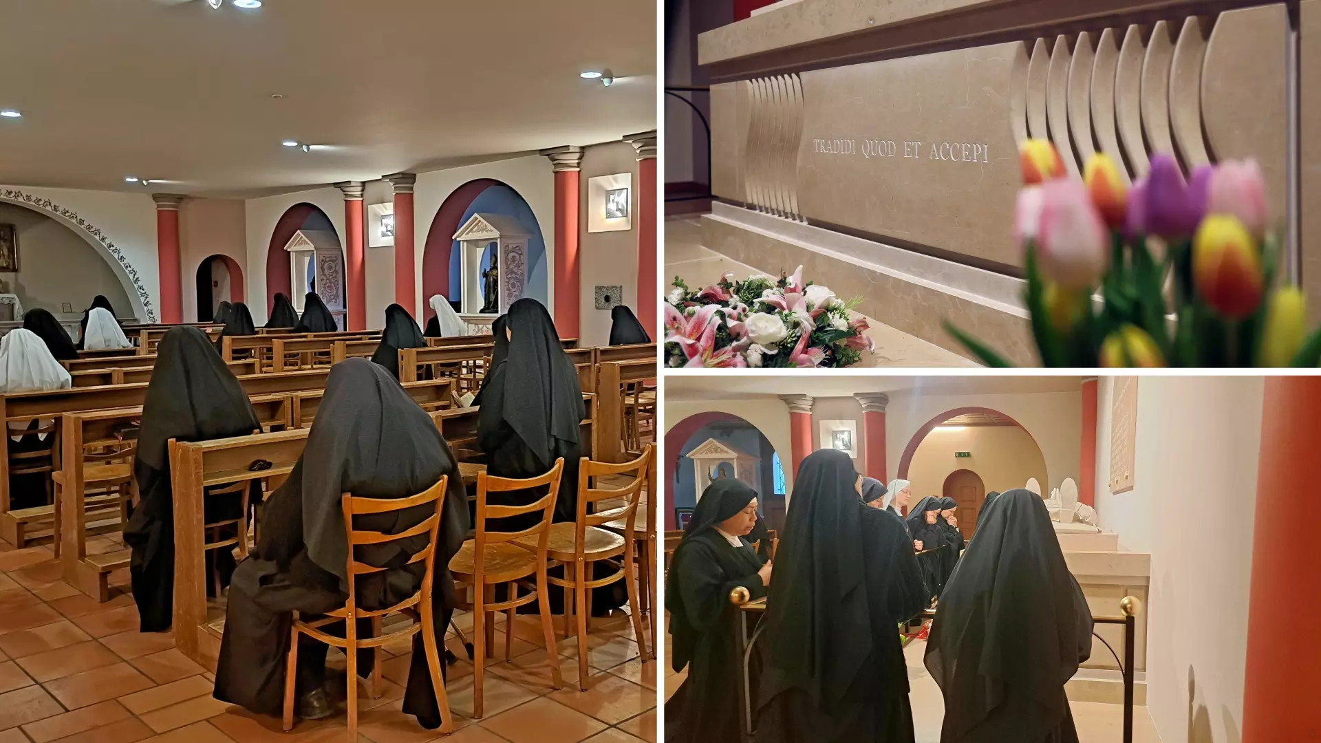 The Sisters pay their respects in turns before the tomb of Archbishop Lefebvre, cofounder of their Congregation.